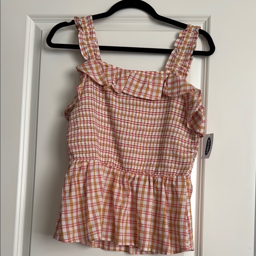 Old Navy Pink and White Smocked Peplum Blouse